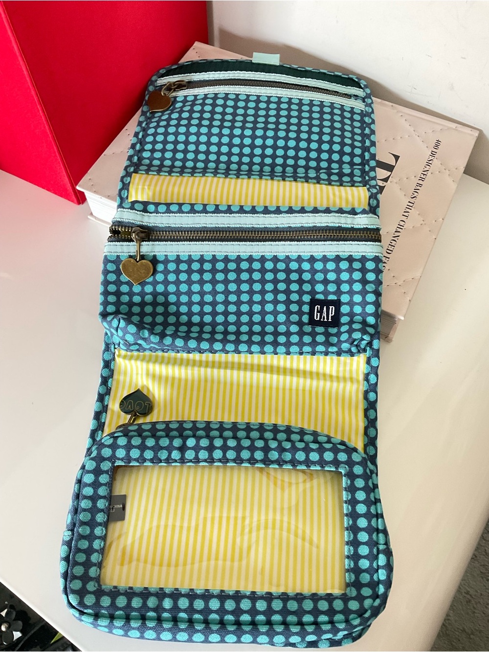 GAP Teal Polka Dot Foldable Organizer with Yellow Stripe Accents